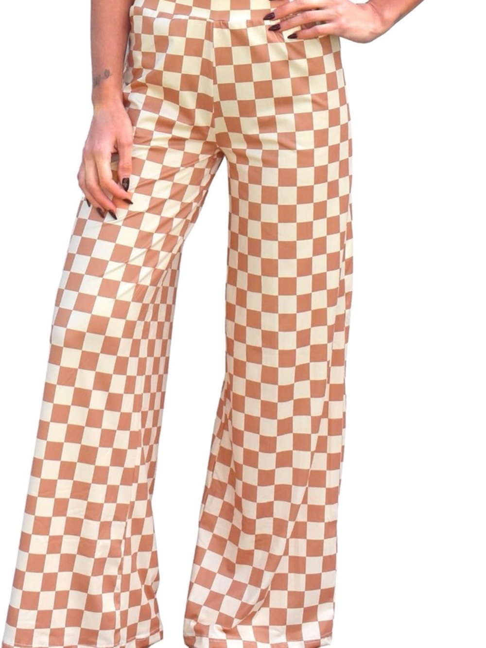 Checkerboard Wide-Leg Pants - Beige & Cream